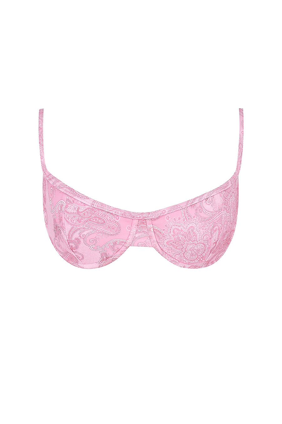 pinkfarbenes bikini-oberteil mit paisley-muster und bügeln