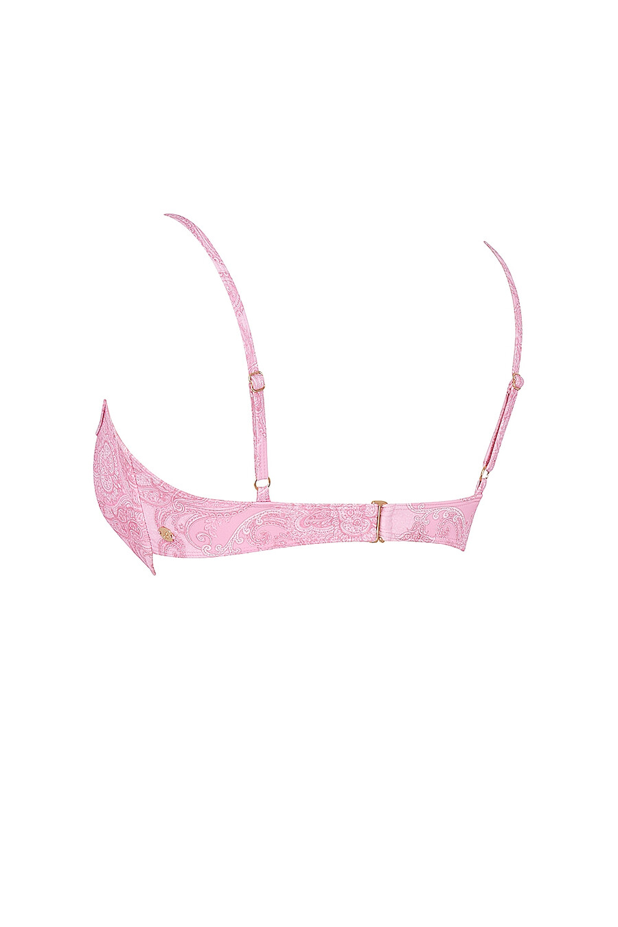 pinkfarbenes bikini-oberteil mit paisley-muster und bügeln