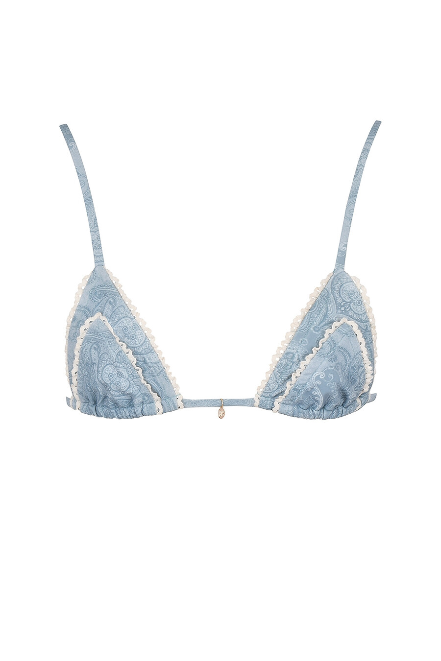 bikini-oberteil mit blauem paisley-rüschenbesatz