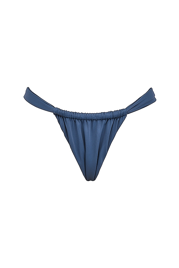 dunkelblauer geraffter bikini-slip mit hohem beinausschnitt