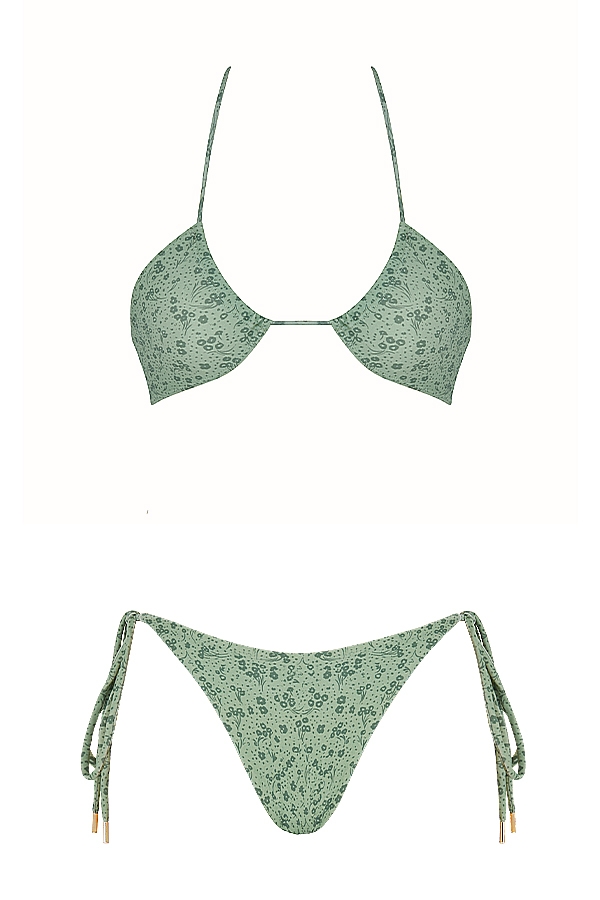 grüner bikini mit blumenmuster und umgekehrtem dreiecksausschnitt