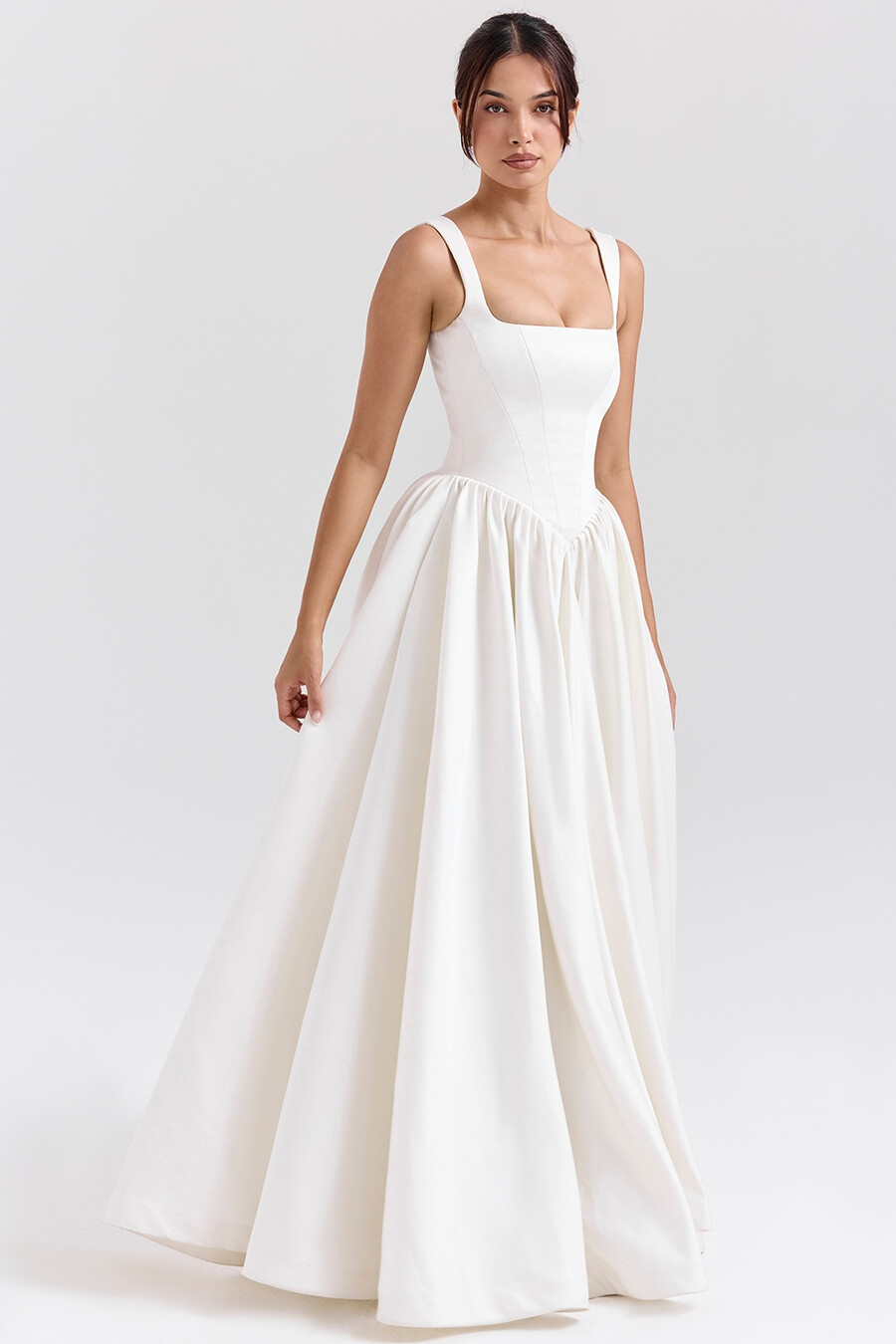 brautkleid aus elfenbeinfarbenem italienischem satin mit korsett