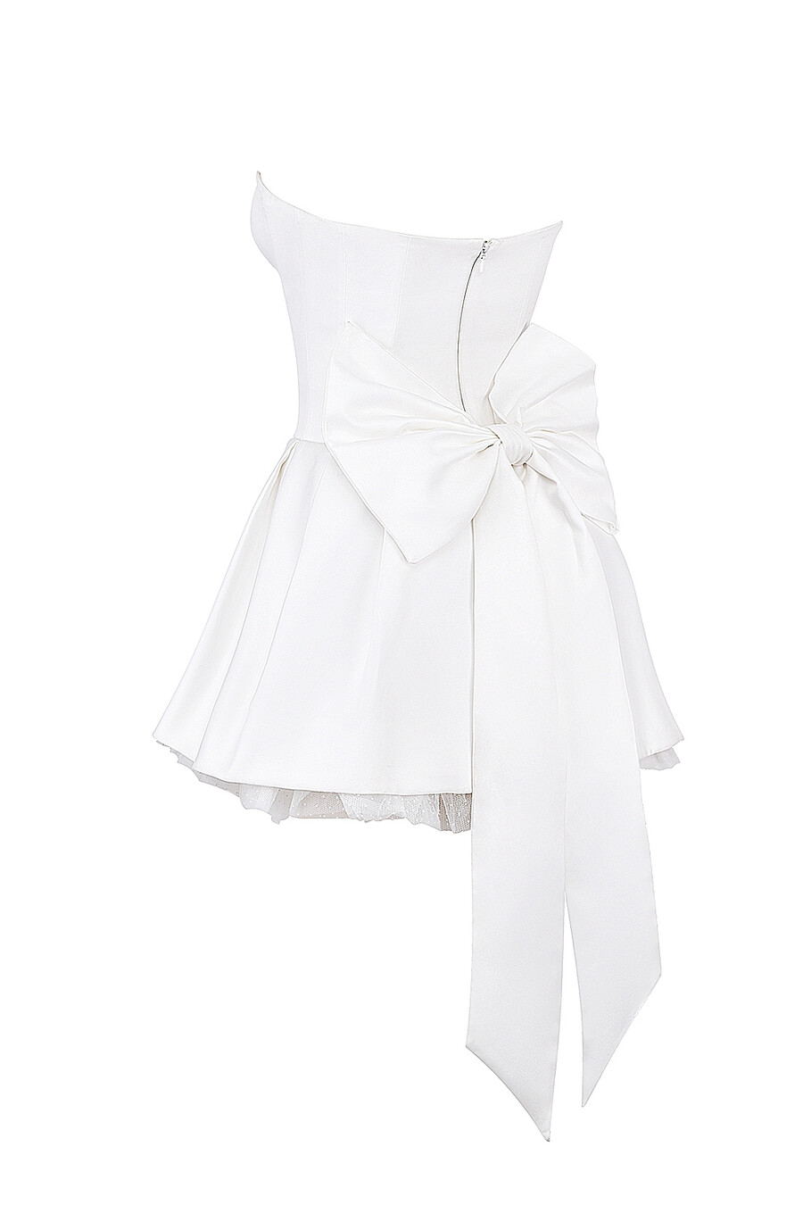 weißes trägerloses minikleid aus satin mit schleife
