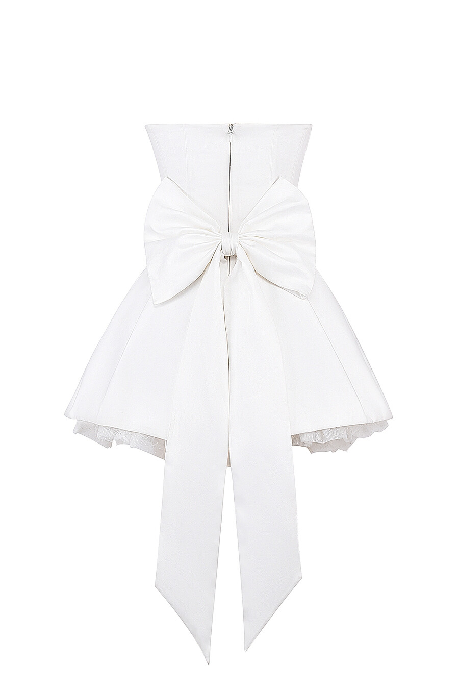 weißes trägerloses minikleid aus satin mit schleife