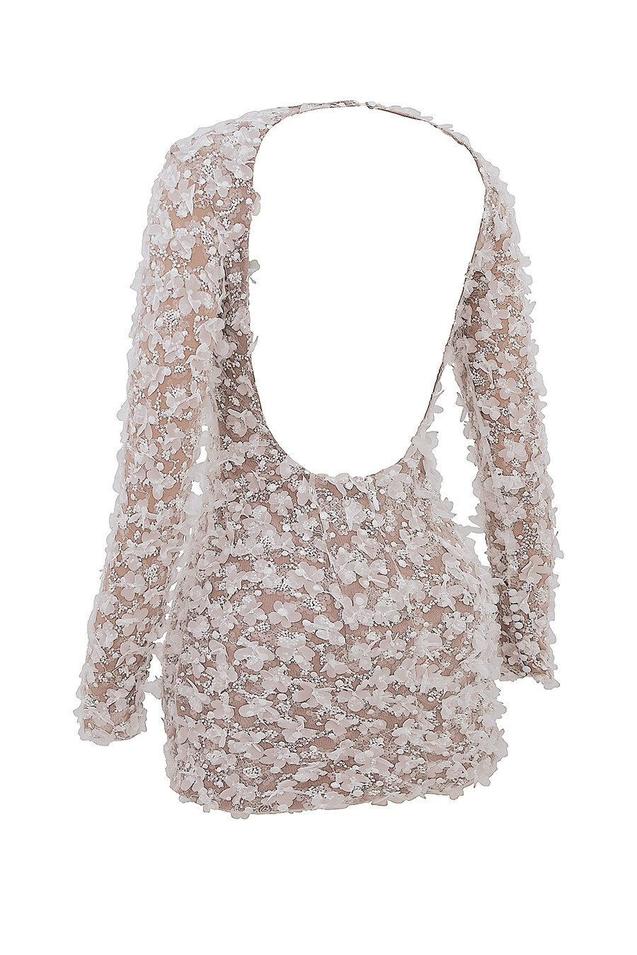 weißes rückenfreies mini-brautkleid mit floralen applikationen
