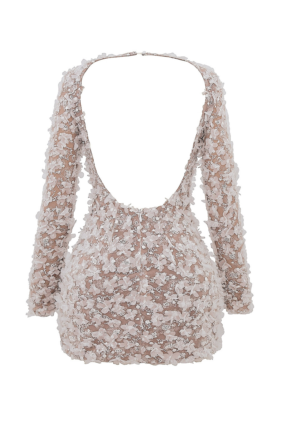 weißes rückenfreies mini-brautkleid mit floralen applikationen