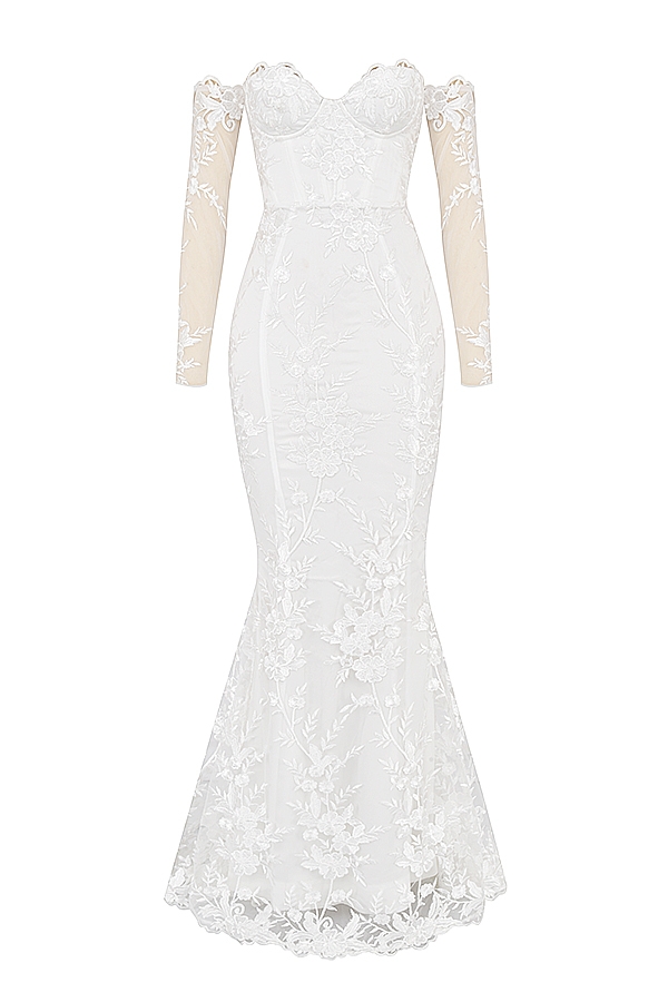 weißes brautkleid aus spitze mit langen Ärmeln