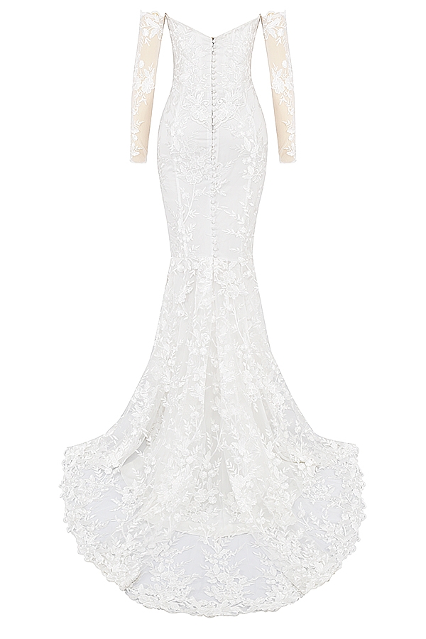 weißes brautkleid aus spitze mit langen Ärmeln