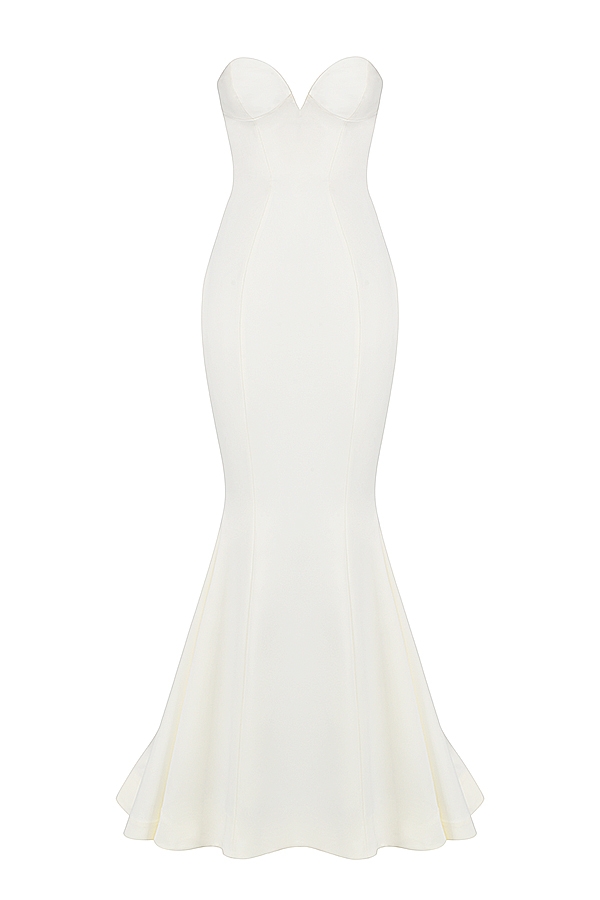 elfenbeinfarbenes trägerloses brautkleid aus satin