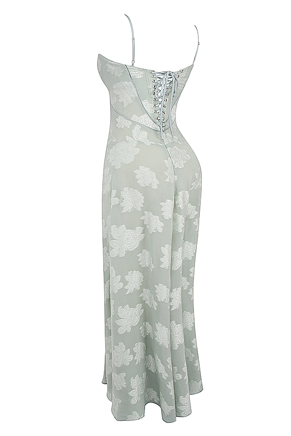 maxikleid mit pistazienfarbenem blumenmuster und spitzenrücken