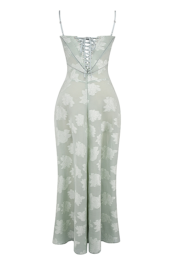 maxikleid mit pistazienfarbenem blumenmuster und spitzenrücken