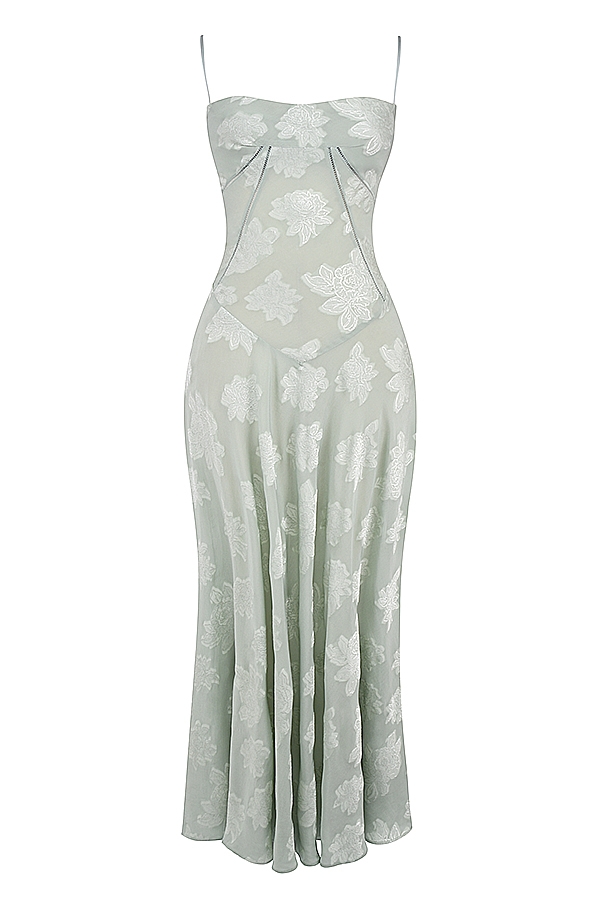maxikleid mit pistazienfarbenem blumenmuster und spitzenrücken