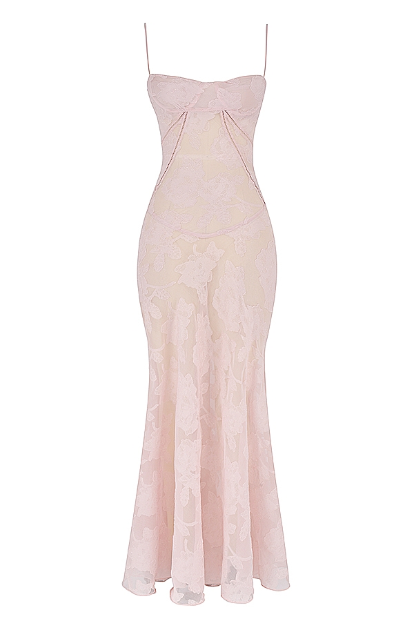 zartrosa maxikleid mit floraler spitze am rücken