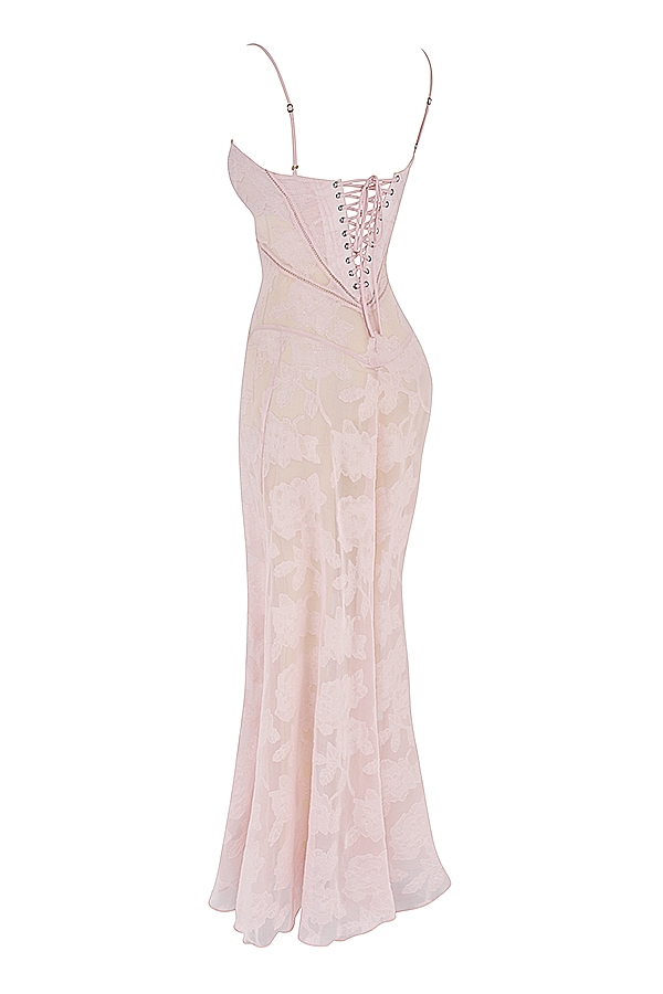 zartrosa maxikleid mit floraler spitze am rücken