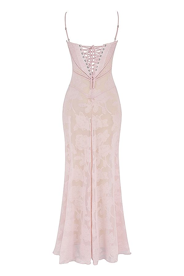 zartrosa maxikleid mit floraler spitze am rücken