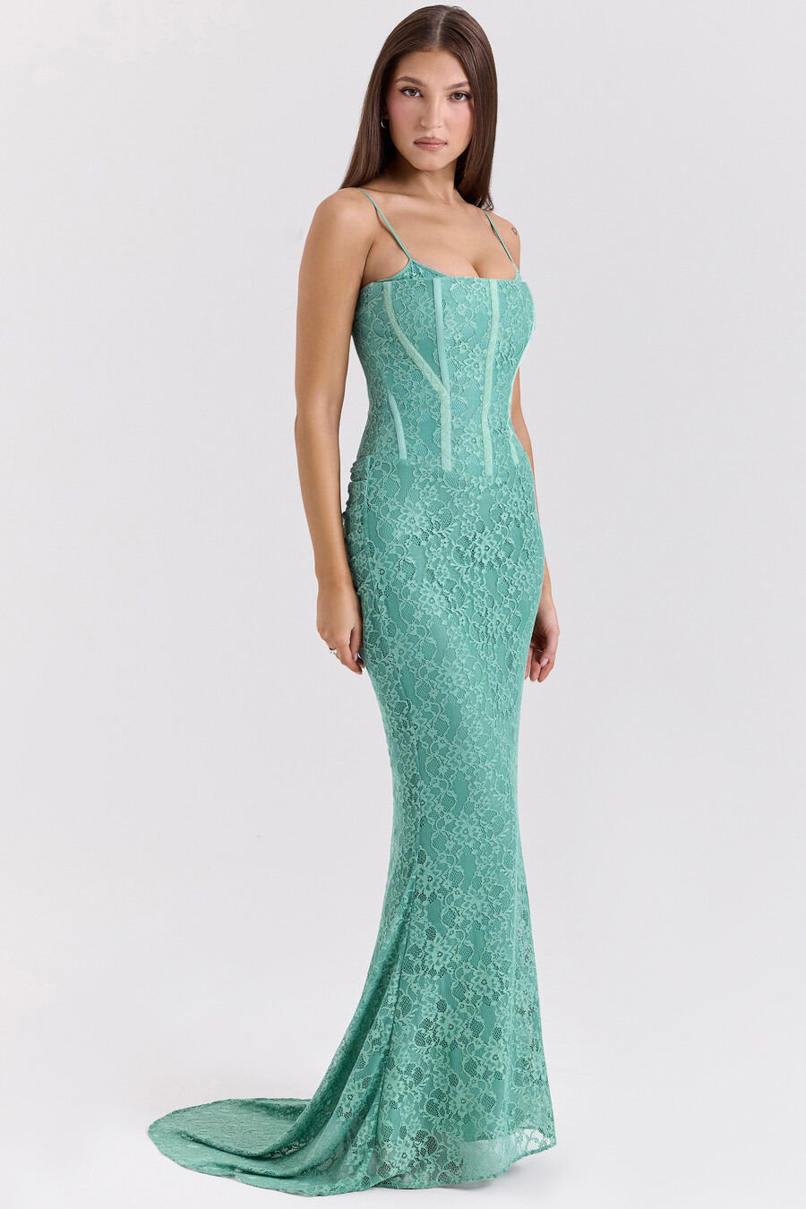 jadefarbenes maxikleid aus spitzenkorsett