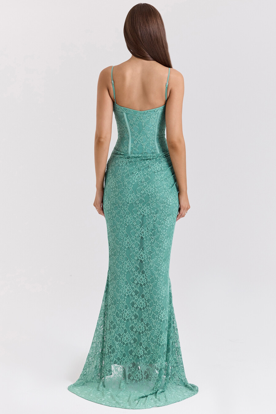 jadefarbenes maxikleid aus spitzenkorsett