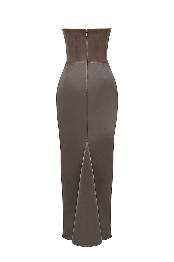 rauchfarbenes trägerloses maxikleid mit korsett-optik