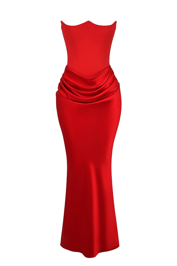 scharlachrotes trägerloses maxikleid mit korsettmuster