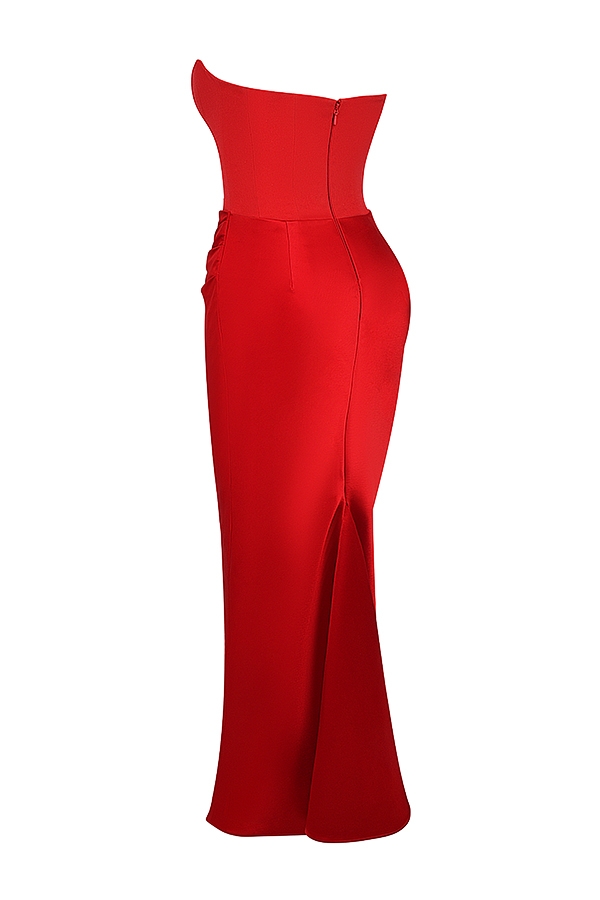 scharlachrotes trägerloses maxikleid mit korsettmuster
