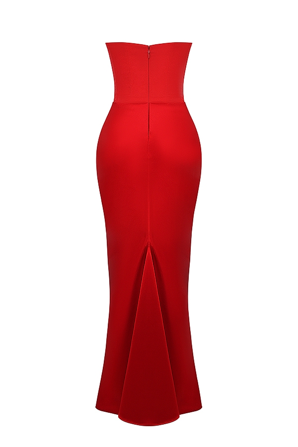 scharlachrotes trägerloses maxikleid mit korsettmuster