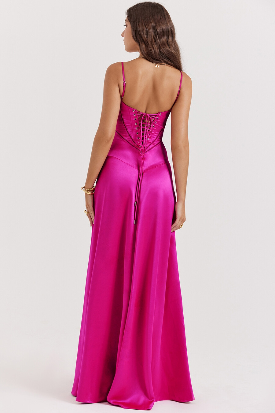 fuchsiafarbenes maxikleid mit schnürung