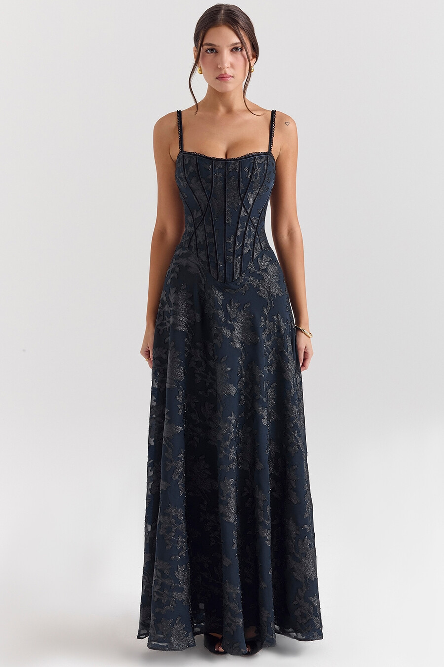 mitternachtsblaues lurex-chiffon-maxikleid
