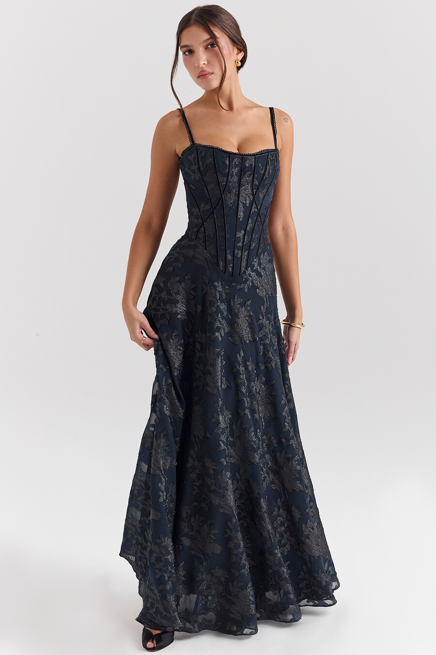 mitternachtsblaues lurex-chiffon-maxikleid