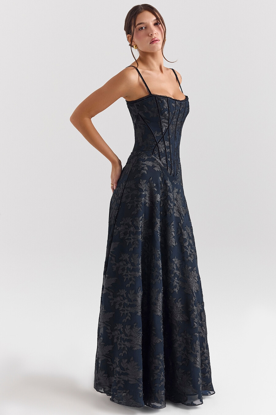 mitternachtsblaues lurex-chiffon-maxikleid