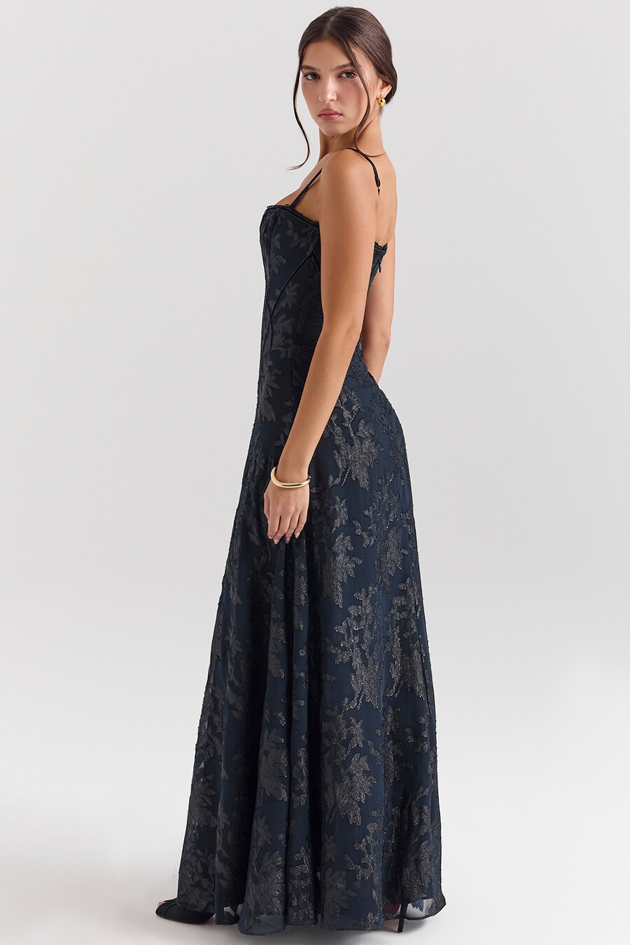 mitternachtsblaues lurex-chiffon-maxikleid