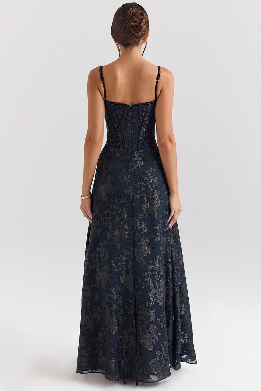 mitternachtsblaues lurex-chiffon-maxikleid