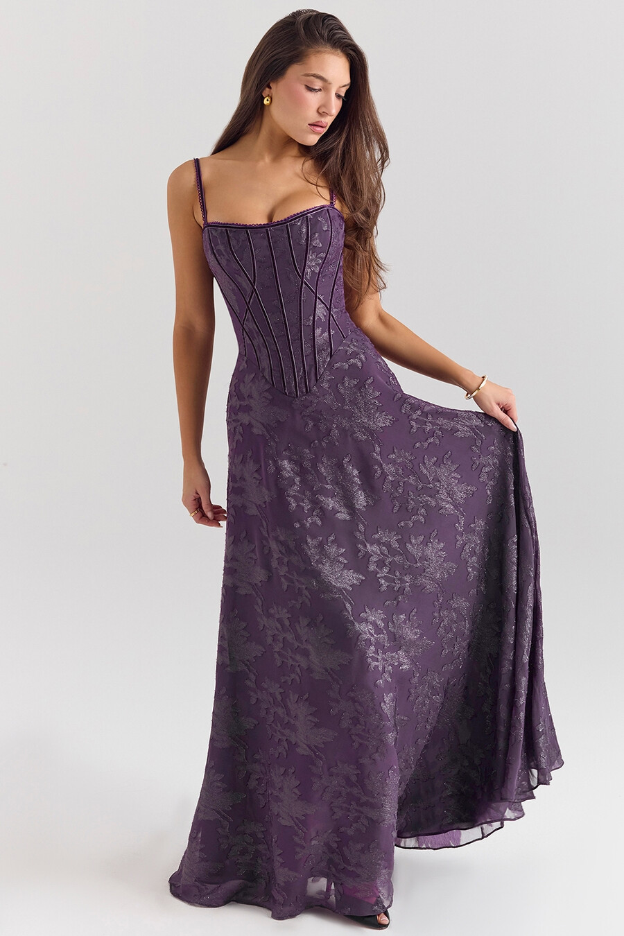 maxikleid aus traubenfarbenem lurex-chiffon
