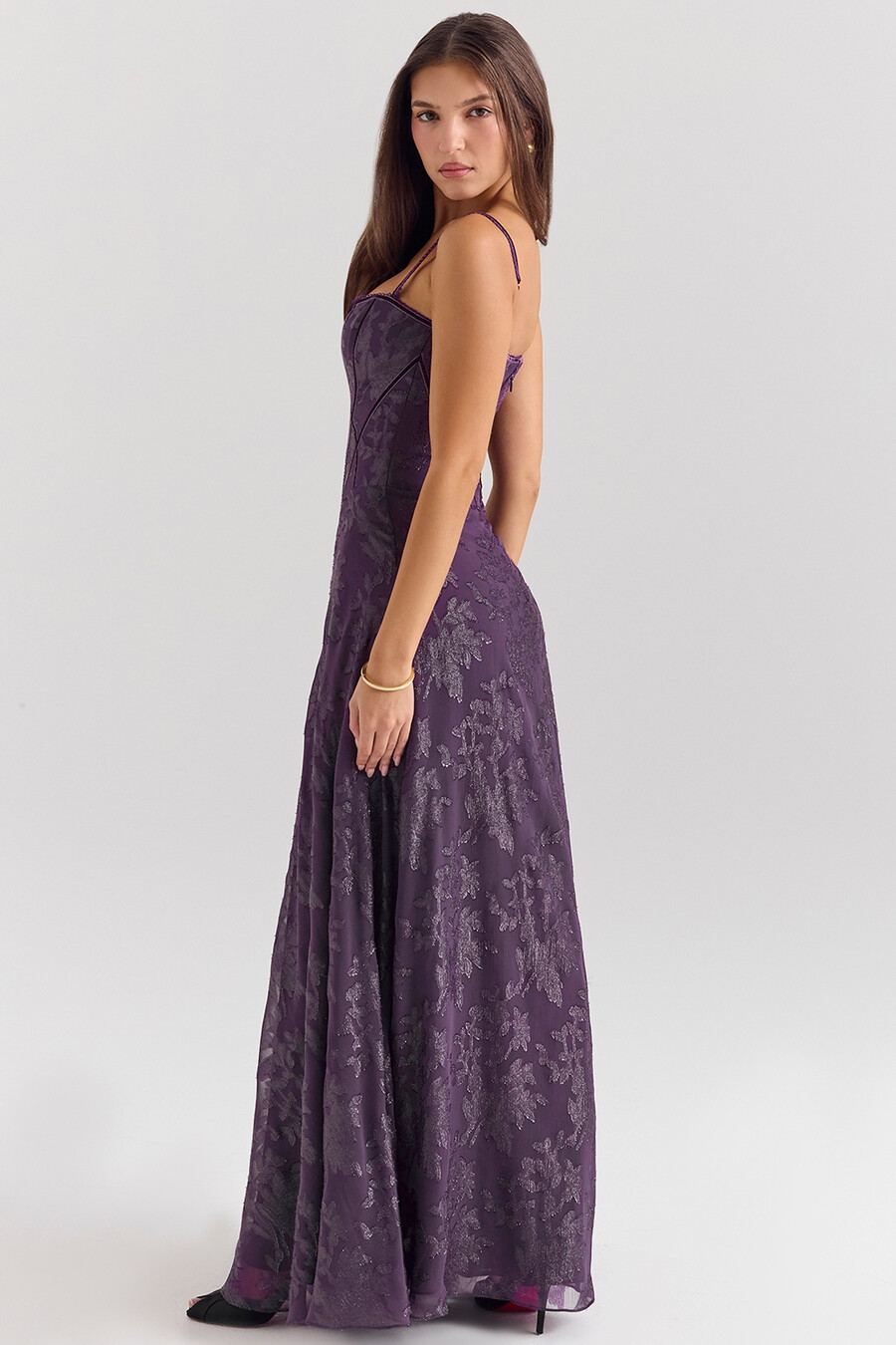 maxikleid aus traubenfarbenem lurex-chiffon