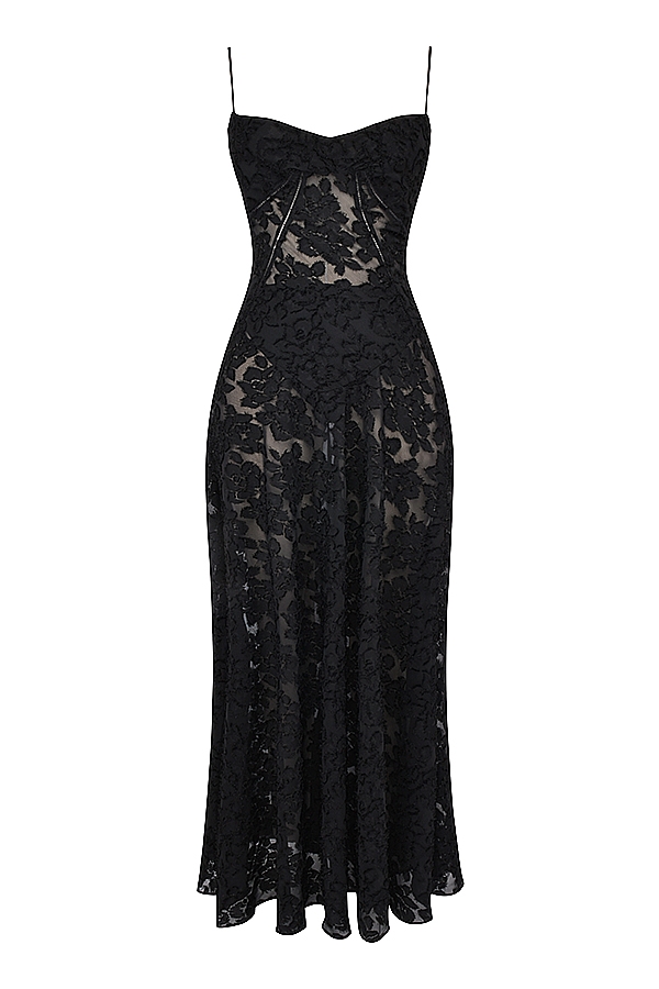 schwarzes maxikleid mit floraler spitze am rücken