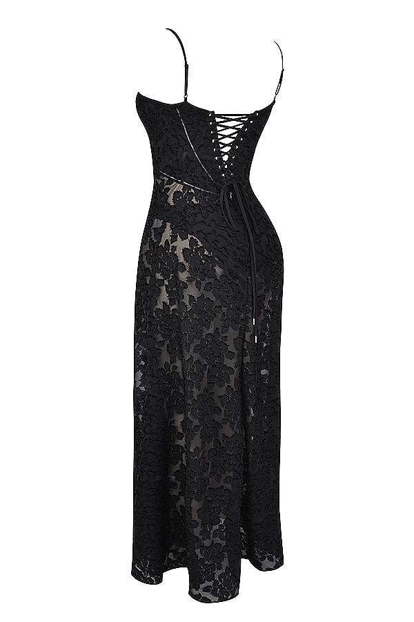 schwarzes maxikleid mit floraler spitze am rücken