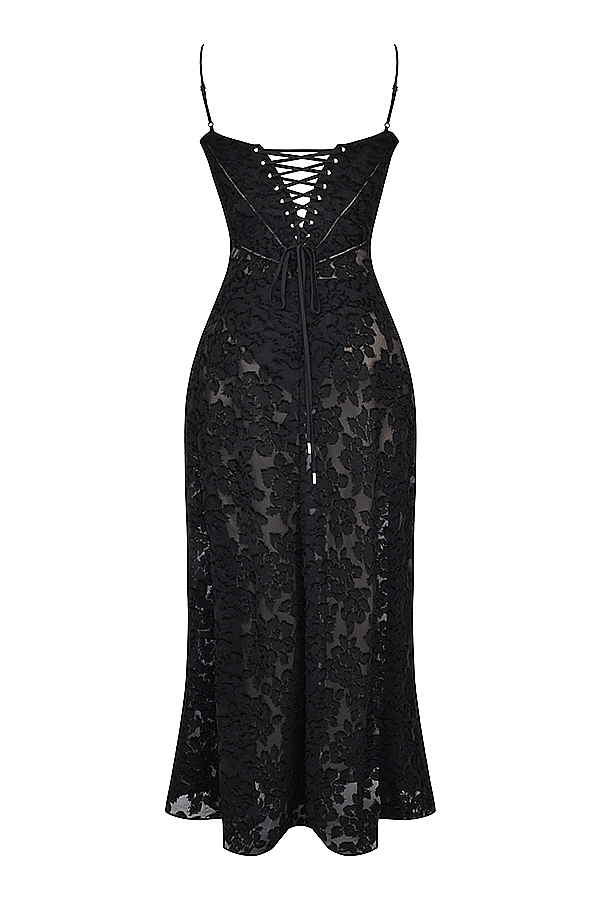 schwarzes maxikleid mit floraler spitze am rücken
