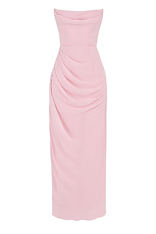 trägerloses abendkleid aus rosafarbenem georgette