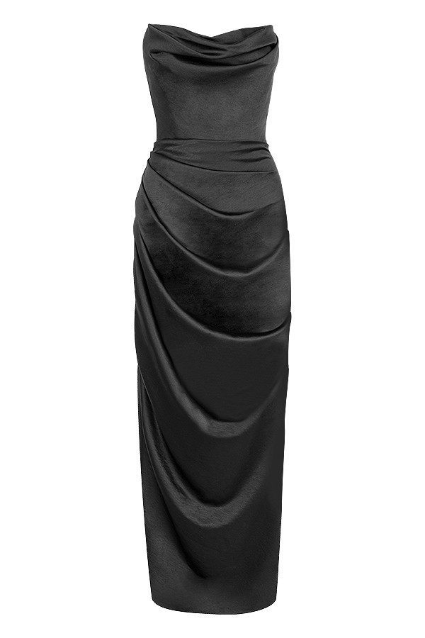 schwarzes trägerloses maxi-korsett aus satin