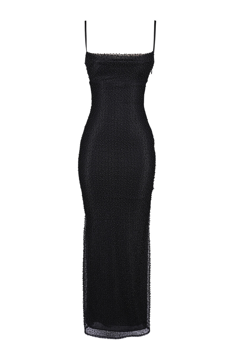 schwarzes perlenbesetztes maxikleid