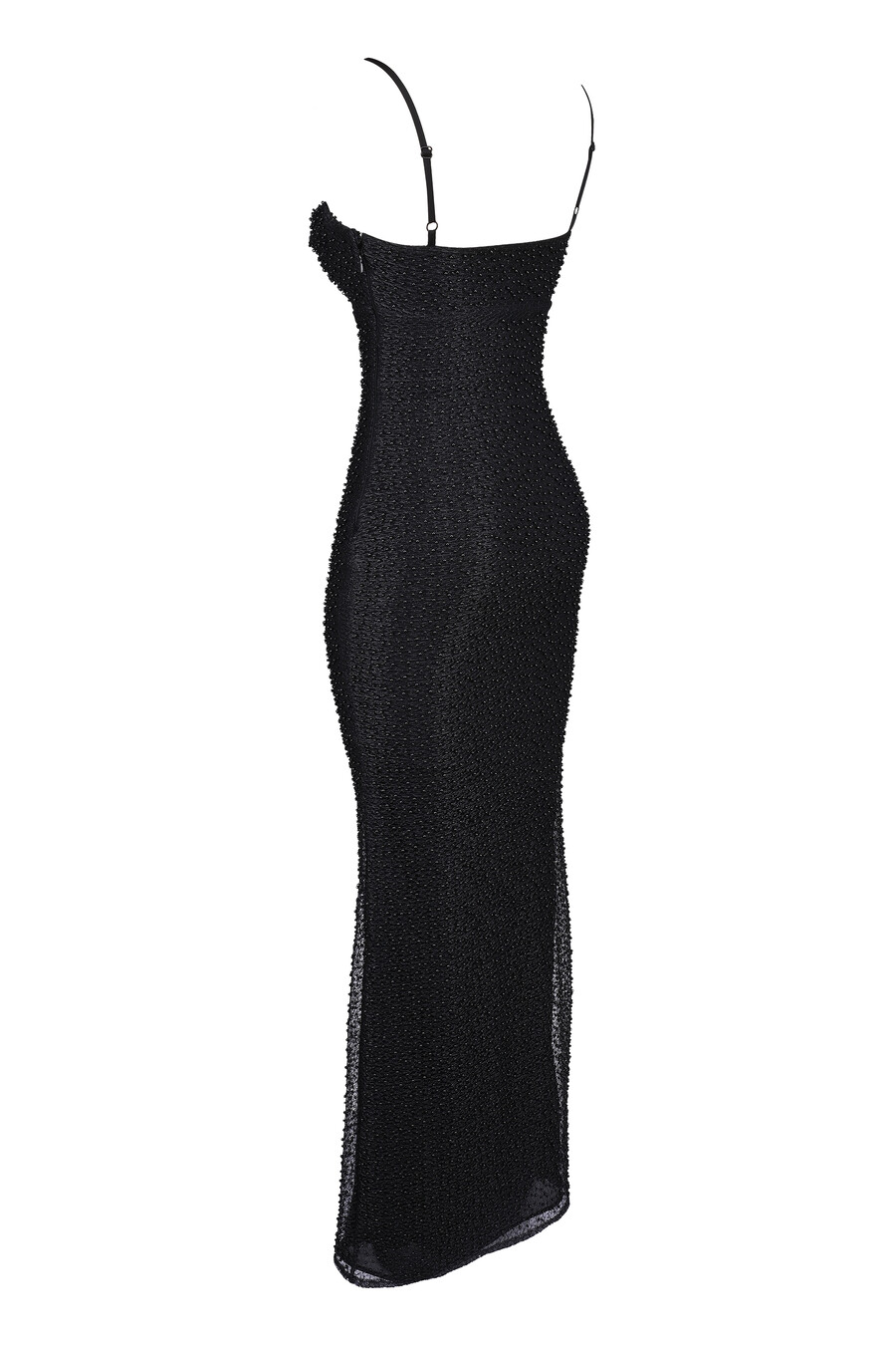 schwarzes perlenbesetztes maxikleid