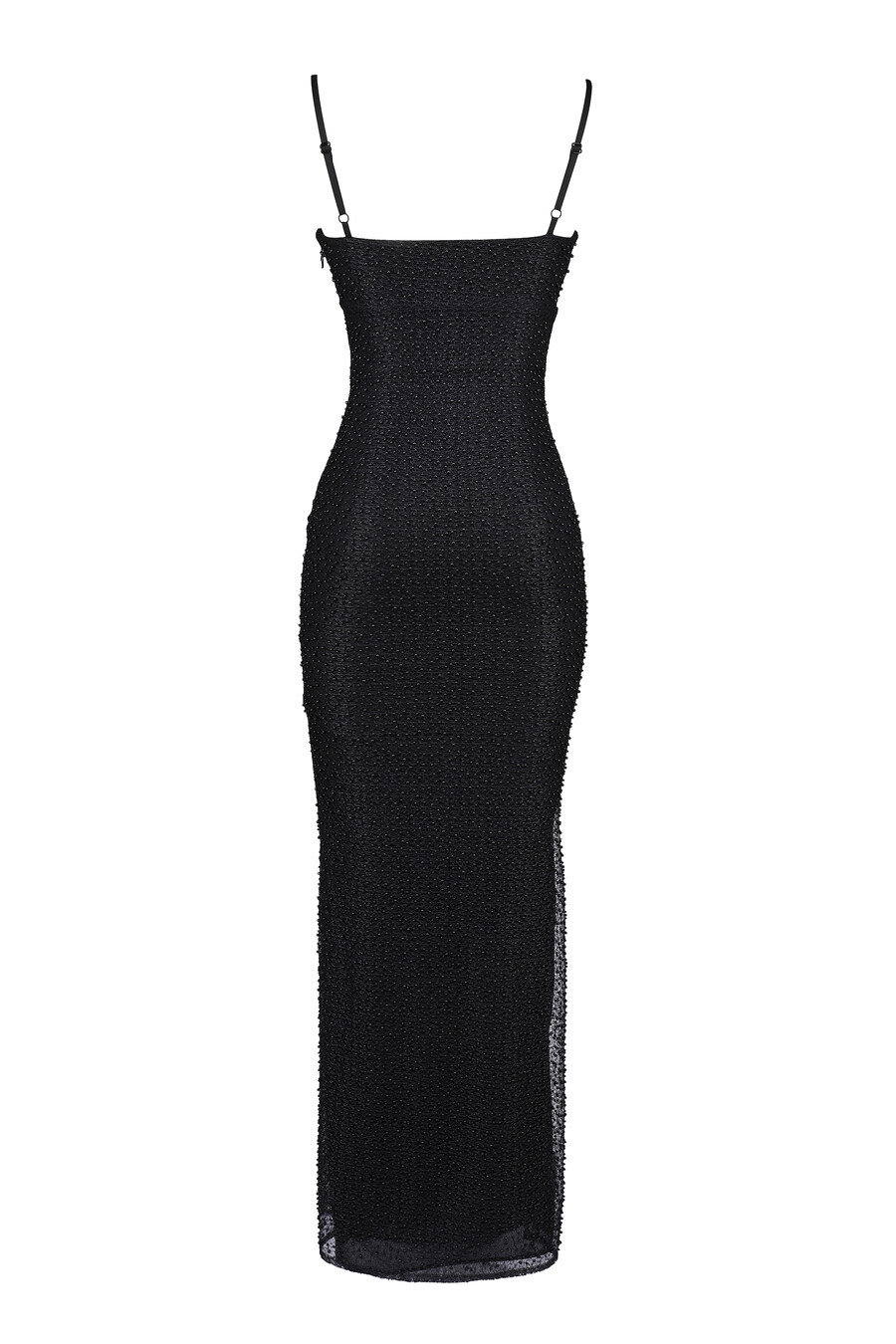 schwarzes perlenbesetztes maxikleid
