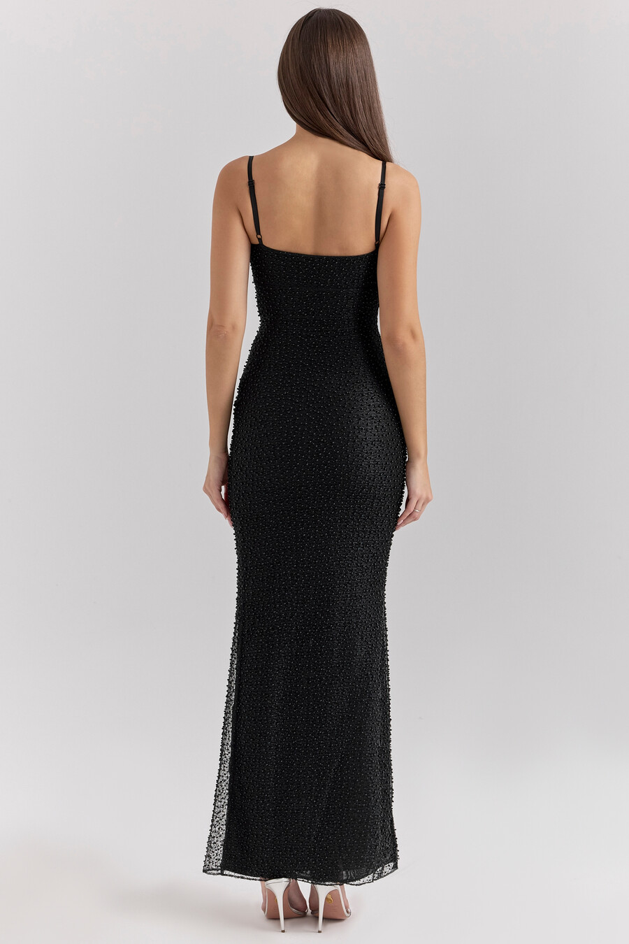 schwarzes perlenbesetztes maxikleid