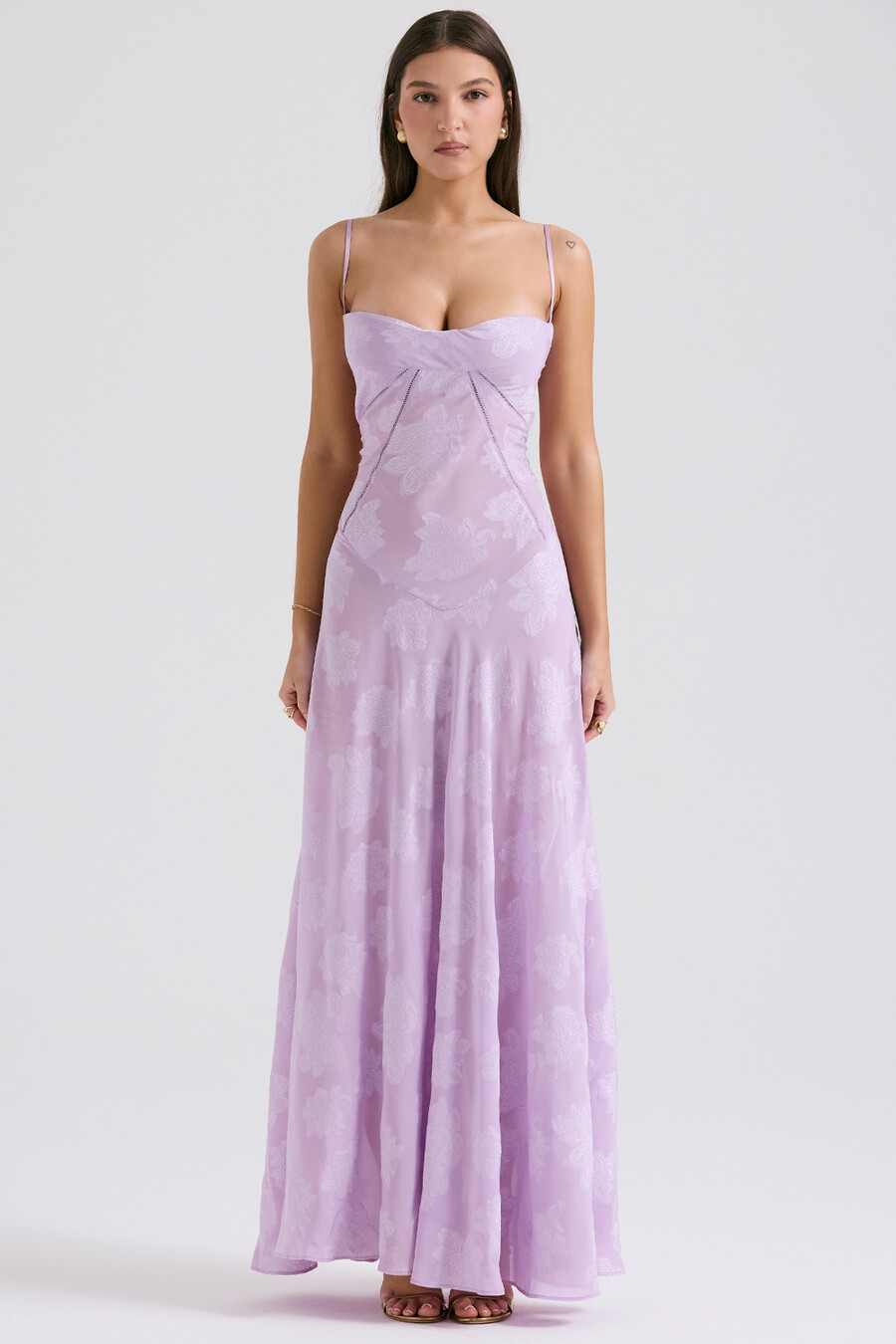 maxikleid mit orchideenmuster und spitzenrücken