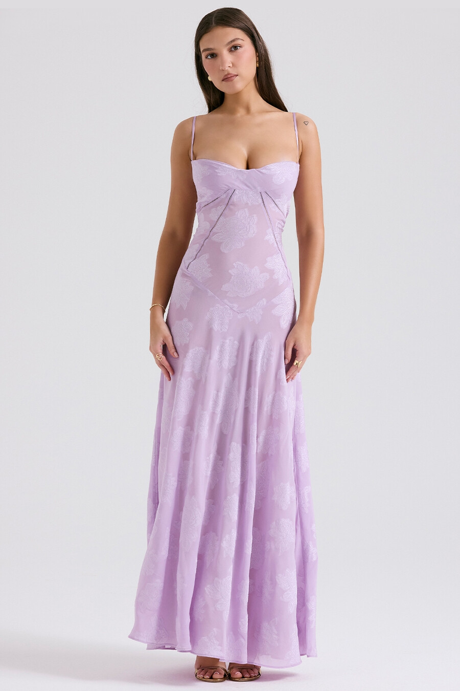 maxikleid mit orchideenmuster und spitzenrücken