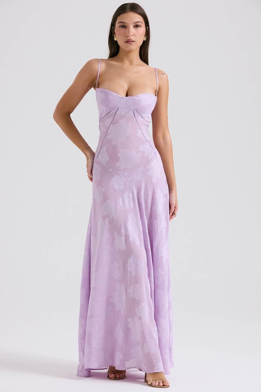 maxikleid mit orchideenmuster und spitzenrücken