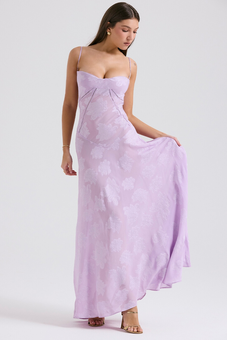 maxikleid mit orchideenmuster und spitzenrücken