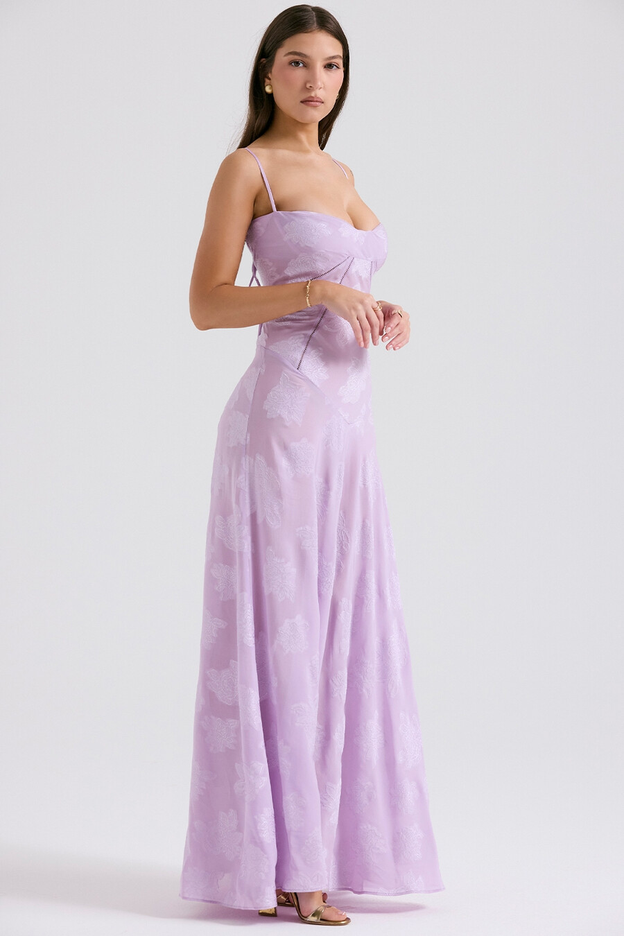 maxikleid mit orchideenmuster und spitzenrücken