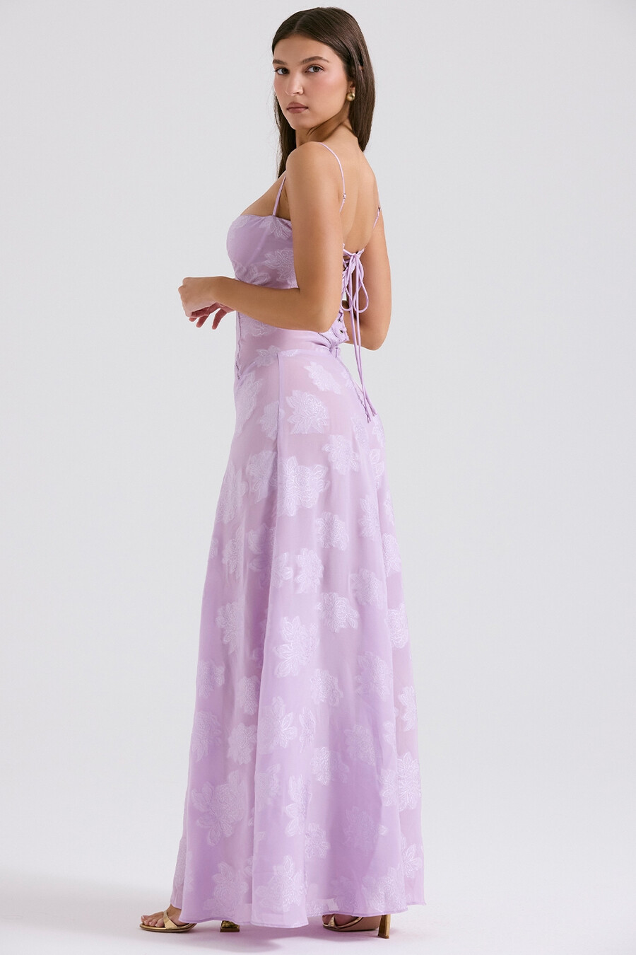 maxikleid mit orchideenmuster und spitzenrücken