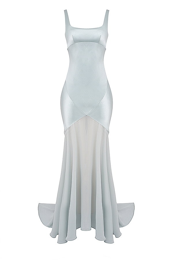 bodenlanges kleid aus pistazienfarbenem chiffon