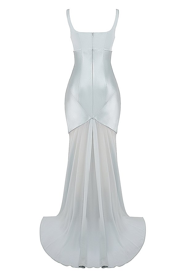 bodenlanges kleid aus pistazienfarbenem chiffon